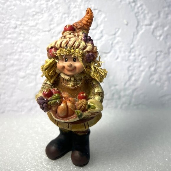 Whimsical Girl Harvest Scarecrow Figurine Autumn Produce Straw Hair Big Smile - Picture 1 of 7